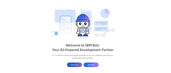 Un robot de dibujos animados con un casco azul y un icono de código en el pecho. Gráficos abstractos de código y datos en segundo plano