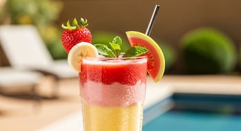 Vaso de licuado de tres capas (rojo, rosa, amarillo) con gotas de condensación. Está adornado con fresa, plátano, guayaba, hojas de menta y una pajita metálica.
