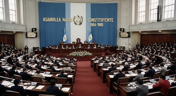 Hemiciclo de la Asamblea Nacional Constituyente de Guatemala. Delegados en sesión, un podio principal y una pancarta azul y blanca con el nombre.