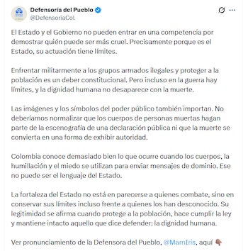 La defensora del pueblo sostuvo que la fuerza pública debe actuar dentro de la Constitución y del derecho internacional humanitario - crédito @DefensoriaCol/X