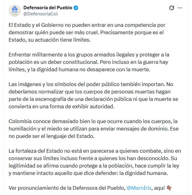 La defensora del pueblo sostuvo que la fuerza pública debe actuar dentro de la Constitución y del derecho internacional humanitario - crédito @DefensoriaCol/X