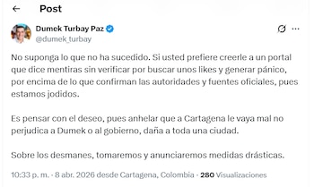 Post del alcalde de Cartagena sobre los violentos enfrentamientos entre hinchas de Real Cartagena y Junior FC - crédito X