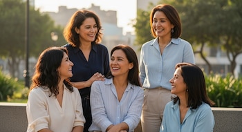Cinco mujeres peruanas de tez mestiza, vestidas de forma casual, ríen y conversan en un parque urbano de Lima, iluminadas por el sol cálido.
