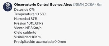 Temperatura, velocidad del viento, humedad, presión atmosférica y estado del cielo durante esta mañana en la Ciudad de Buenos Aires (@SMN_OCBA)