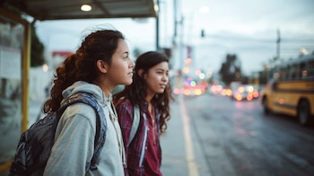 Adolescentes con mochilas esperando el transporte público en una parada. — (Imagen Ilustrativa Infobae)