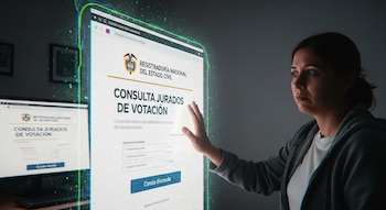 Una mujer mira una pantalla proyectada con un sitio web falso de la Registraduría para jurados de votación, con otra pantalla similar de fondo.
