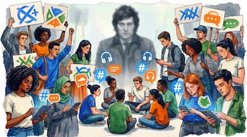 Jóvenes de diversas etnias y géneros sostienen carteles, usan teléfonos y tabletas, algunos sentados en círculo. Íconos digitales y silueta borrosa de un hombre.