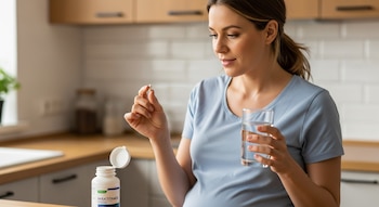 Mujer embarazada sostiene un comprimido y un vaso de agua. Un frasco blanco de paracetamol está abierto sobre la mesada de una cocina.
