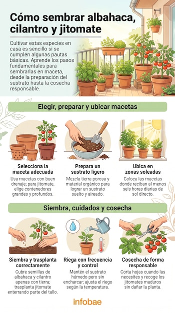 Infografía con pasos para sembrar albahaca, cilantro y jitomate. Ilustraciones de macetas, tierra, plantas con jitomates, riego y cosecha.