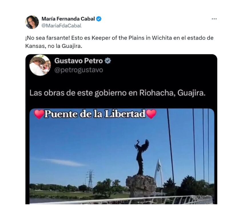 La senadora María Fernanda Cabal reveló el verdadero lugar del que Petro se robó el crédito de una