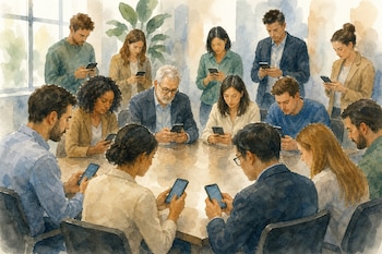 Ilustración en acuarela de un grupo de personas alrededor de una mesa de reuniones, cada una observando la pantalla de su teléfono móvil.