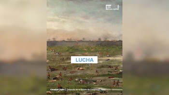 Pintura de un campo de batalla con soldados, cuerpos caídos, vegetación y cielo nublado. Incluye el texto LUCHA y el autor Cándido López