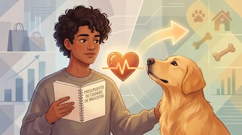 Un joven sostiene una libreta titulada Presupuesto de cuidado de mascotas junto a un perro golden retriever y diversos íconos financieros.