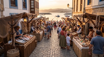 Calle empedrada con varios puestos de mercado, mercaderes, público y animadores. Pescado, jabones, artesanía. Ría con barcos y faro al fondo, montañas.