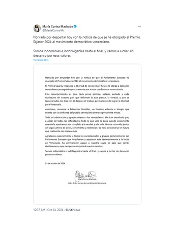 El mensaje de María Corina Machado tras ganar el premiol Sájarov