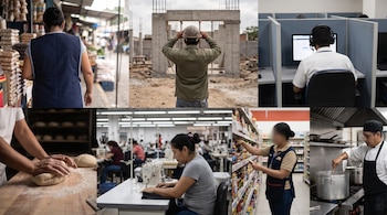 Seis imágenes muestran personas trabajando: vendedora en mercado, constructor, operador de centro de llamadas, panadero, costurera y cocinero.