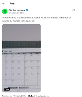 Post de Atlético Nacional, que sería la expectativa del fichaje de James Rodríguez - crédito Atlético Nacional/X