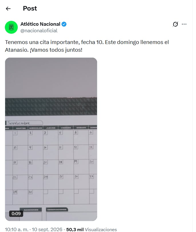 Post de Atlético Nacional, que sería la expectativa del fichaje de James Rodríguez - crédito Atlético Nacional/X