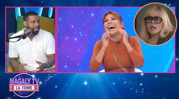 Panel dividido muestra a Edson Dávila en un podcast a la izquierda, Magaly Medina riendo en el centro y Gisela Valcárcel en un círculo a la derecha.