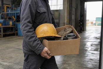 Un hombre con ropa de trabajo gris lleva una caja de cartón con un casco amarillo, guantes y una taza de metal en una nave industrial.