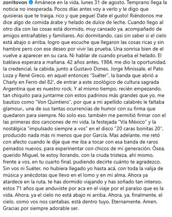 Las conmovedoras palabras del Zorrito Von Quintiero a Miguel Zavaleta, quien falleció a los 71 años (Instagram)