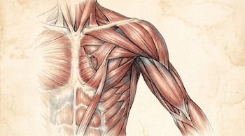 Dibujo de los músculos del pecho, el hombro y el brazo sobre un fondo con textura de pergamino envejecido.