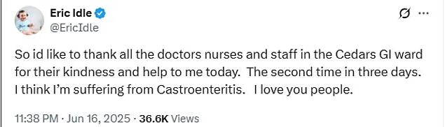 Eric Idle agradeció a los trabajadores del hospital que lo han atendido durante sus emergencias médicas(Créditos: X/Eric Idle)