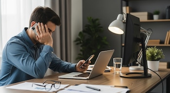 Hombre con camisa azul sentado ante laptop y monitor, sostiene dos celulares. En el escritorio hay gafas, papeles, un vaso de agua y una lámpara.