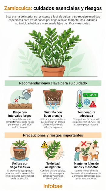 Infografía detallada sobre el cuidado de la zamioculca, mostrando la planta, consejos de riego, drenaje, temperatura y advertencias de toxicidad.