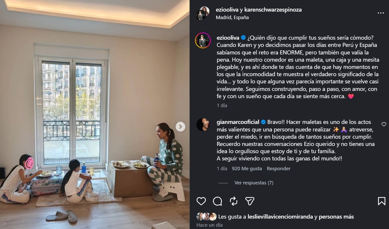“La incomodidad te enseña”: Ezio Oliva y Karen Schwarz cuentan su nueva vida en Madrid. Captura: IG karenschwarzespinoza.