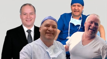 Cuatro fotografías superpuestas de un mismo hombre con traje oscuro, uniforme médico blanco, uniforme médico azul y camiseta blanca.