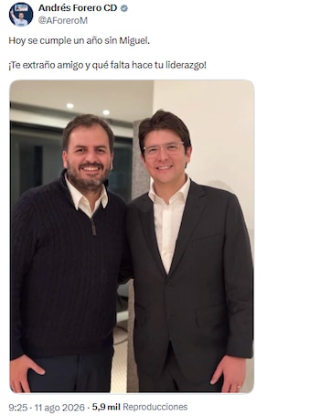 Andrés Forero resalta la ausencia y liderazgo de Miguel Uribe Turbay a un año de su muerte - crédito @AForeroM/X