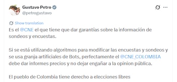 Gustavo Petro pidió al CNE investigar posibles manipulaciones de encuestas y sondeos electorales mediante algoritmos y granjas de bots - crédito @petrogustavo/X
