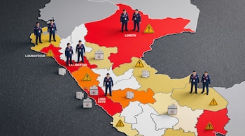 Mapa de Perú con divisiones en rojo, naranja y amarillo, acompañado por figuras de fiscales, urnas electorales y símbolos de advertencia.