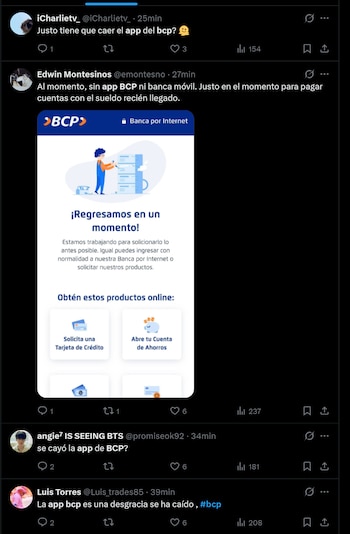 Algunas de las quejas por la caída de la app del BCP.