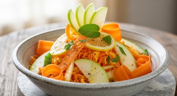 Primer plano de una ensalada fresca en un bowl, con zanahoria rallada, rodajas de manzana verde y limón, hojas de menta, y espirales de zanahoria.