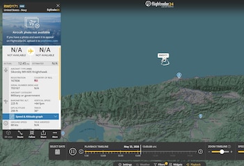 Captura de pantalla de Flightradar24: mapa de Venezuela con icono de avión militar RWYD71 (Sikorsky MH-60S) cerca de Caracas y datos de vuelo