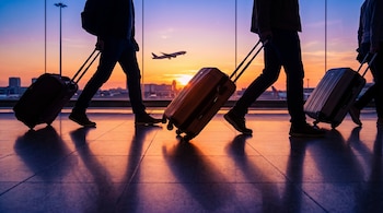 Siluetas de viajeros con maletas en un aeropuerto. Un avión despega con el cielo de atardecer en tonos naranja y morado, visible por grandes ventanales.