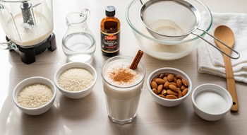 Vaso de horchata con canela en rama y polvo. Alrededor hay cuencos con arroz, almendras, azúcar, una botella de vainilla, jarra de agua, licuadora y colador.