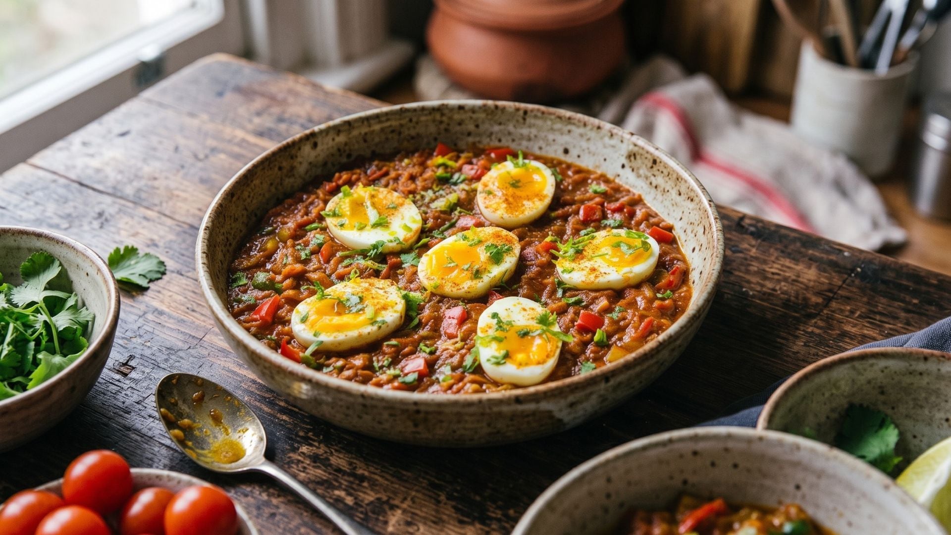 La receta de huevos al curry se hace con huevos duros en una salsa a base de cebolla, ajo, tomate y curry en polvo (Imagen Ilustrativa Infobae)