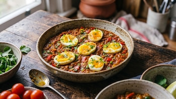 Tazón de cerámica con salsa espesa, seis mitades de huevo cocido, cilantro y trozos de pimiento rojo sobre una mesa de madera