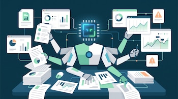 Ilustración de un asistente digital con cabeza de chip y múltiples brazos, rodeado de papeles y pantallas flotantes con gráficos y datos financieros.