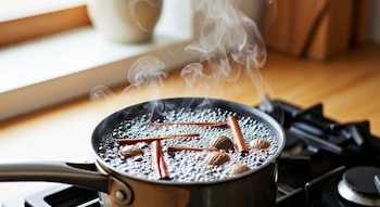 Una olla pequeña sobre una cocina con agua hirviendo, de donde emana vapor. En el agua flotan ramas de canela y trozos de nuez moscada.