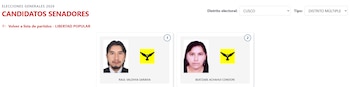 Captura de pantalla con las fotos de Raúl Valdivia Saravia y Beatzabe Achahui Condori, candidatos a senador, y el logo de un ave negra sobre fondo amarillo