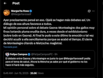 Margarita Rosa de Francisco habló del debate entre el ministro Montealegre y el constitucionalista Gaona - crédito @Margaritarosadf