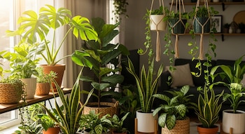 Vista interior de una habitación iluminada por luz solar directa, mostrando una colección diversa de plantas en macetas y colgantes cerca de una ventana.