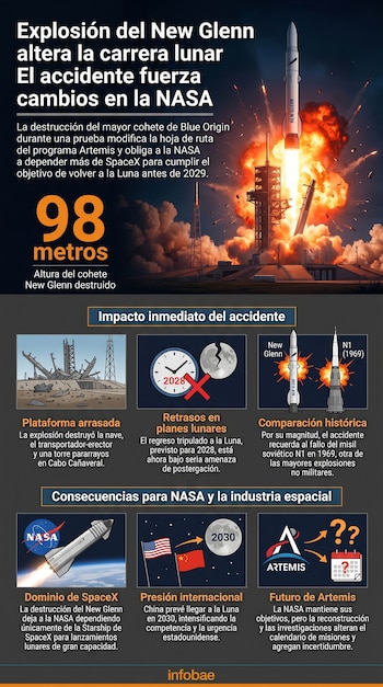 Imagen de una infografía que muestra el cohete New Glenn explotando durante su lanzamiento, con grandes llamas y escombros dispersándose.