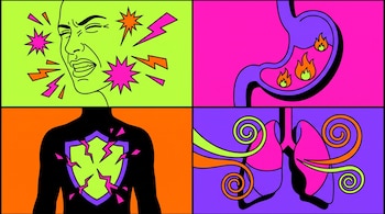 Cuatro viñetas de colores con un rostro con expresión de dolor, un estómago con llamas, un torso con un escudo agrietado y unos pulmones.