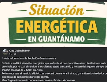 El comunicado publicado en Facebook por la Empresa Eléctrica de Guantánamo donde se confirma el límite de dos horas diarias de servicio.