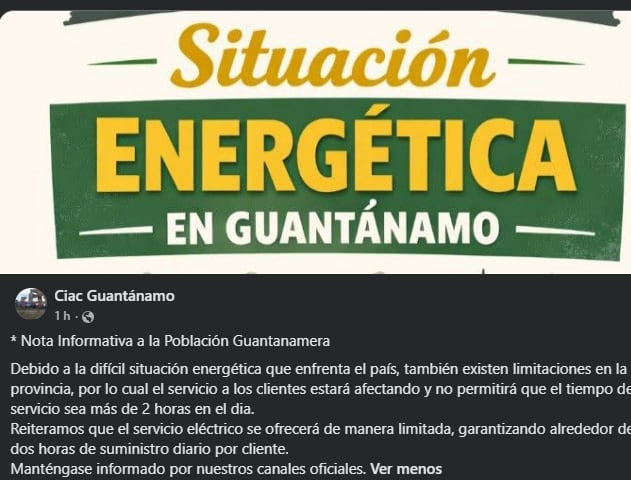 El comunicado publicado en Facebook por la Empresa Eléctrica de Guantánamo donde se confirma el límite de dos horas diarias de servicio.